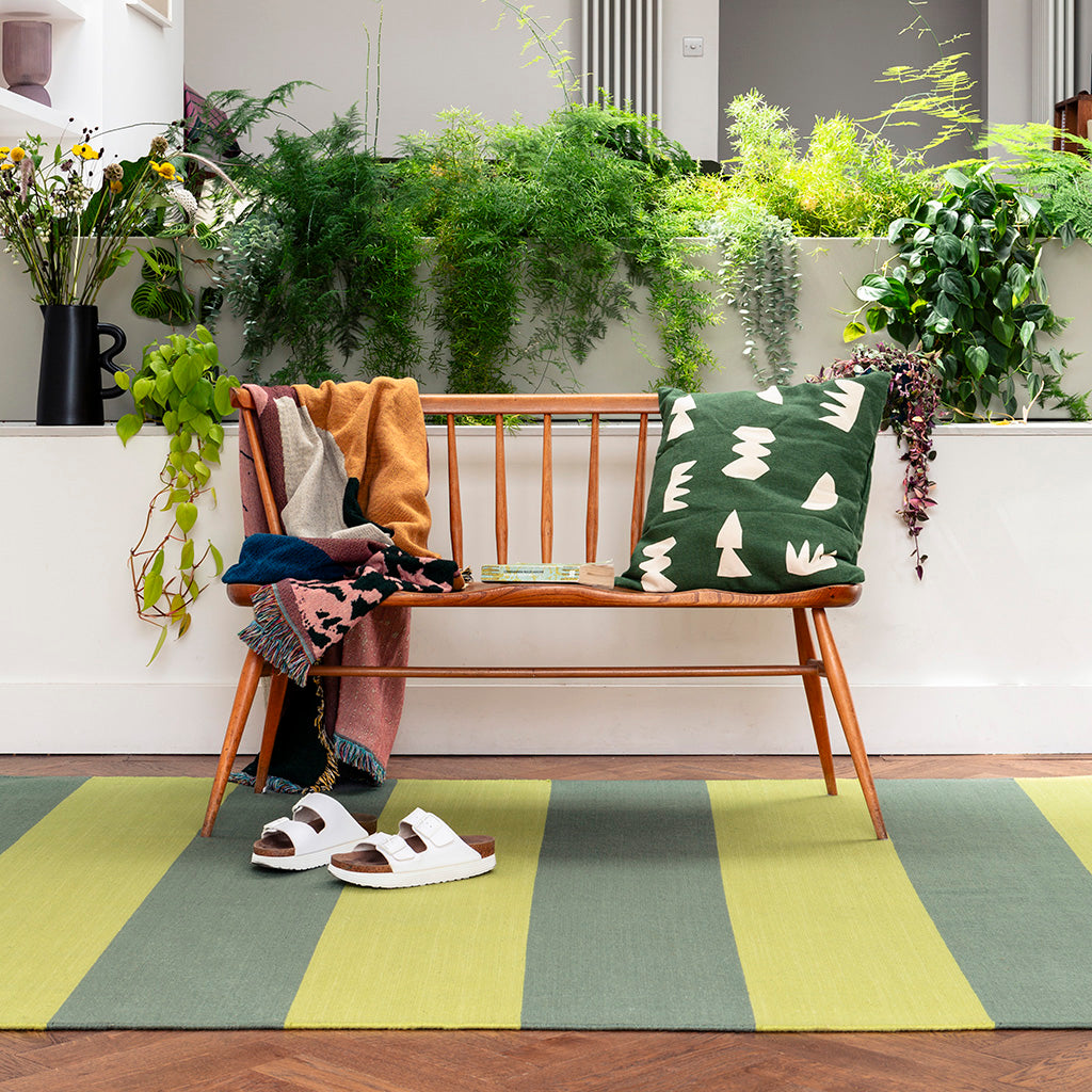 Striped green + grey rugs and runners. Flatweaves made from 100% wool ...