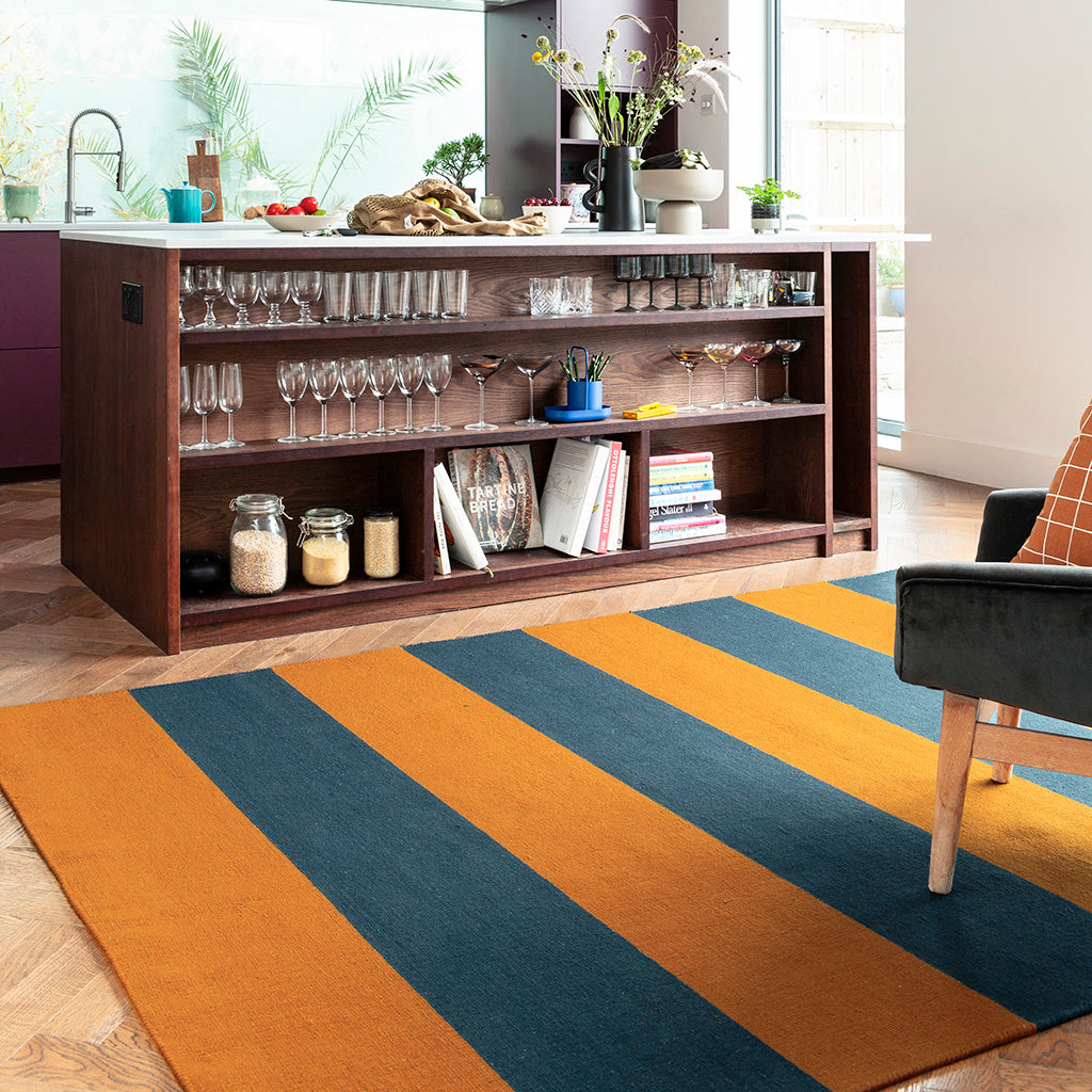 Burnt orange and navy blue striped rugs and runners in 100% wool - The ...